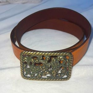 Liz Claiborne Genuine Leather Belt with Filigree Brass Buckle